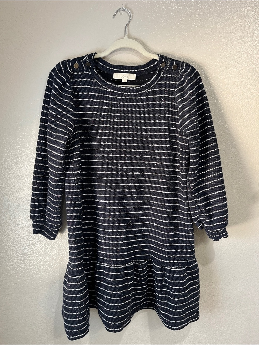 LOFT Women’s Navy White Striped Knit Drop-Waist Dress Sz L Bohemian Chic TC0510